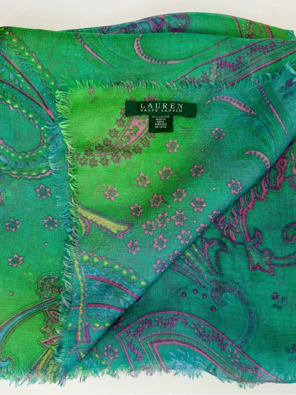 Lauren Ralph Lauren 100% Silk Paisley Ombre Fringe Square Scarf Green Teal 42”
